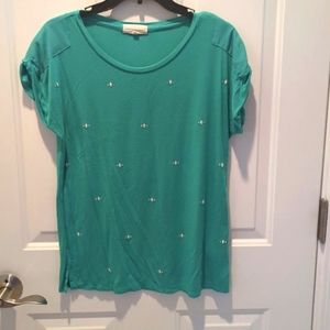 Dept 22 sz sml teal blouse with gemstones and sheer sleeves